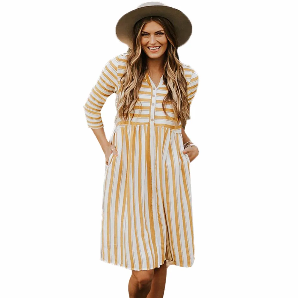 Осеннее Новое Женское Полосатое платье с v-образным вырезом и длинными рукавами