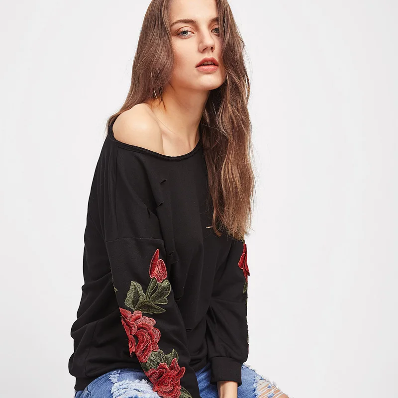 Осень Для женщин Элегантный цветочный Вышивка Толстовки Long Sleeve Drop Shoulder пикантные