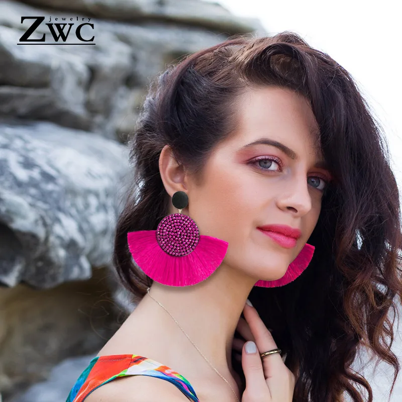 ZWC Fashion Exaggerated Bohemian Statement Color Crystal Round Long Tassel Earrings for Women Big Fringed Drop Jewelry | Украшения и