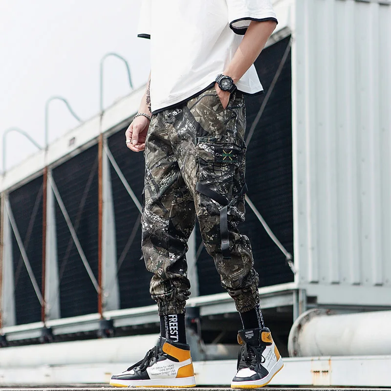 Jungle camouflage Прямая новые уличные штаны с лентами черные тонкие мужские штаны для бега с боковыми карманами хлопковые камуфляжные мужские брюки - Цвет: Jungle camouflage