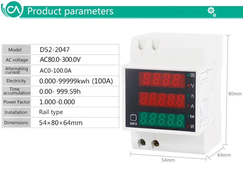 Цифровой многофункциональный счетчик энергии 220 В переменного тока 100A Din рейка