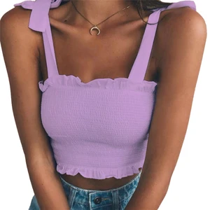 Кроп-топ женский без рукавов, пикантная Облегающая майка с оборками, однотонная майка, крутой Пляжный топ, лето, футболк