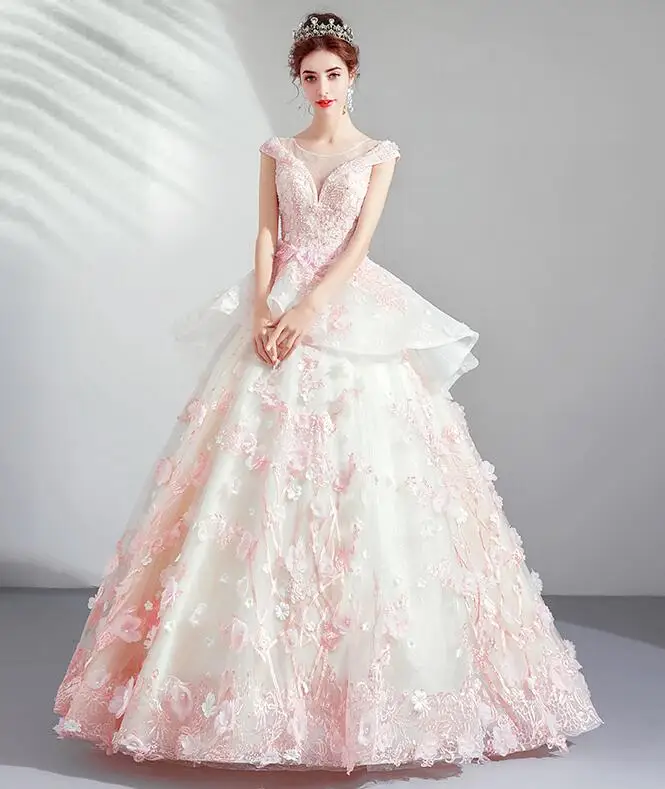 Бежевый Vestidos de 15 бальные платья цвета слоновой кости, розовые кружевные аппликации, бальное платье с цветочным рисунком, рукава-крылышки, бисерный халат с оборками - Цвет: Бежевый