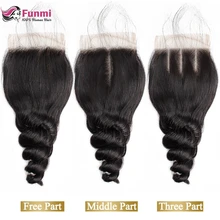 Funmi волосы 4*4 Кружева Закрытие индийские девственные волосы 130% плотность Свободные волны средняя часть кружева Закрытие человеческие волосы переплетения пучки