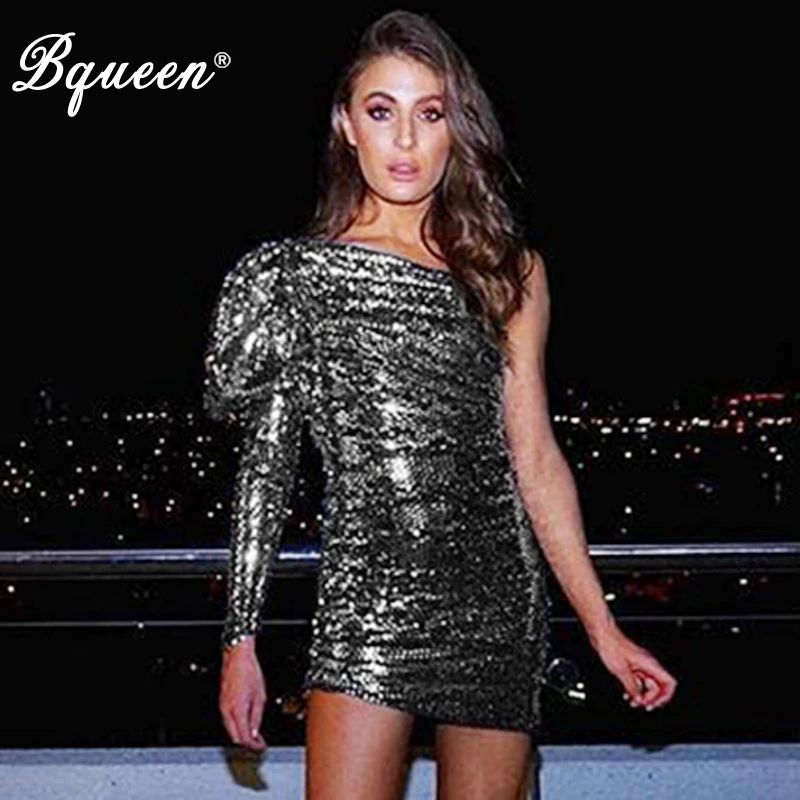 Bqueen облегающее женское платье сексуальное с блестками одно плечо пышными