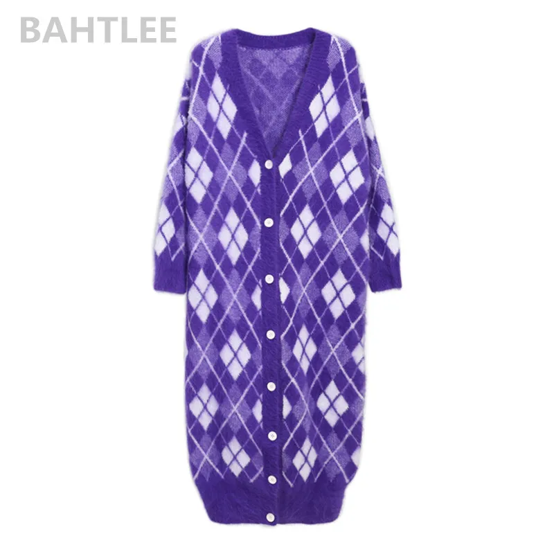 

BAHTLEE Winter Women's Angora Surper Long Cardigans Knitting Sweater Mink Cashmere Looser Keep Warm Geometric Pattern Pocket