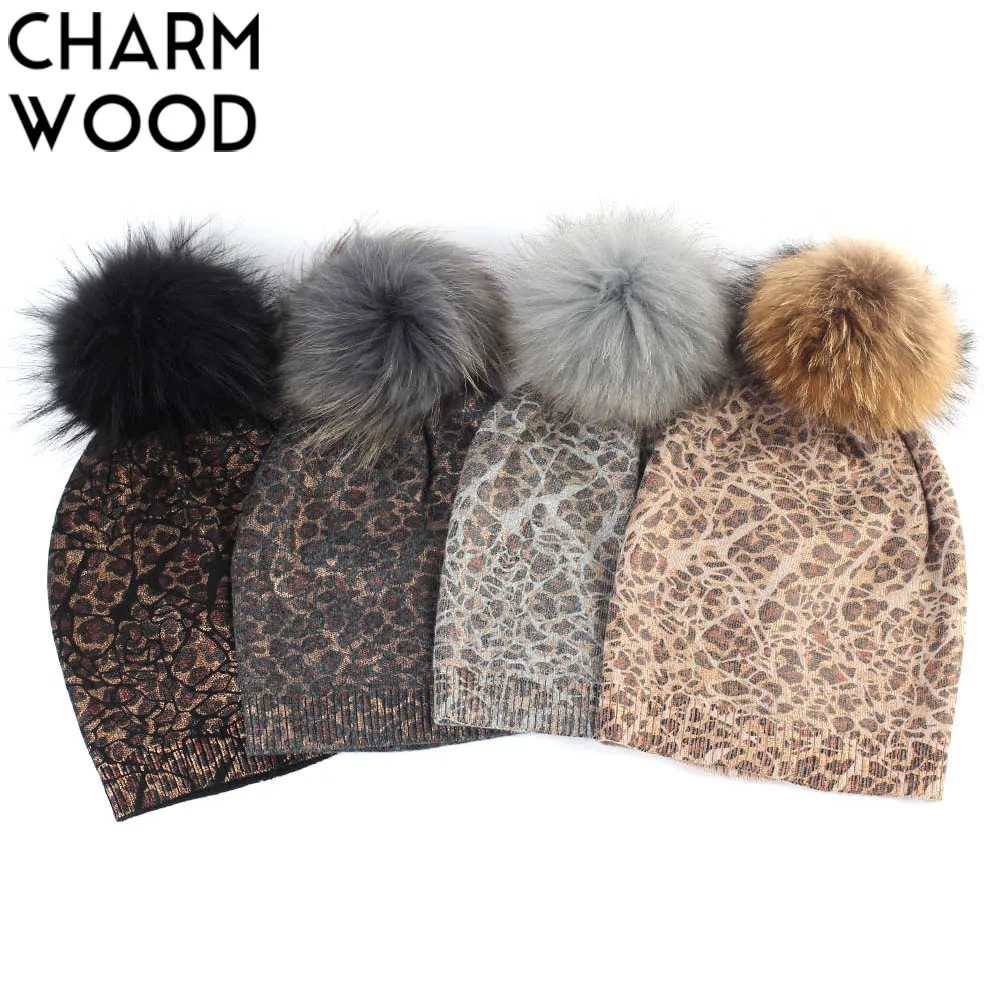 

Women's Leopard Beanie Hat Winter Knitted Cashmere Slouchy Beanies Hats with Raccoon Fur Pompom for Femme Balavaca Skullies