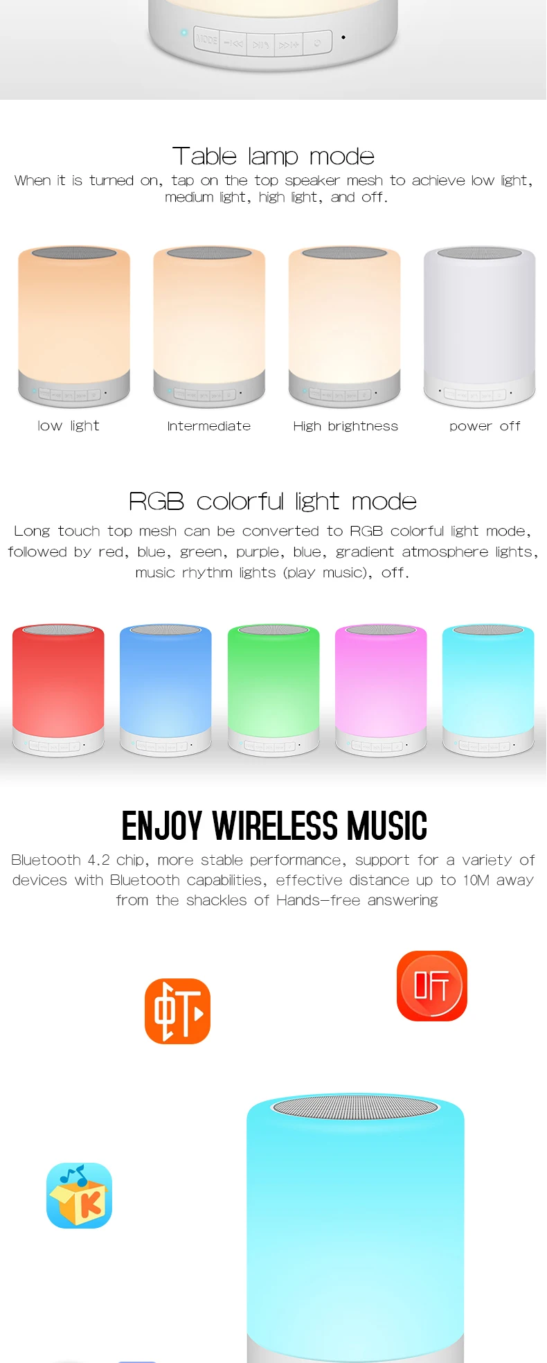 Цветные bluetooth-колонки портативный дизайн с сенсорным затемнением Bluetooth 4,2 Suppoet TF карта воспроизведения Настольная лампа с звуковой колонкой