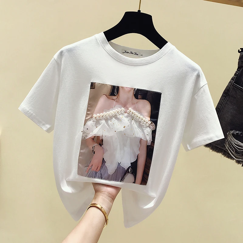 Женская футболка с коротким рукавом расшитая бисером принтом оранжевого и