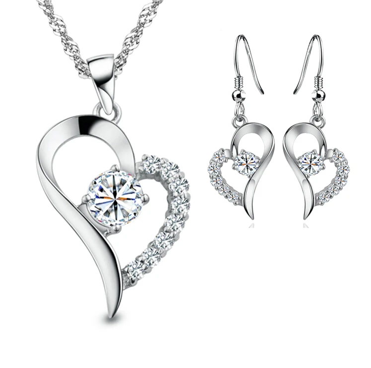 2015 New Silver Plated Cubic Zirconial Heart Shape Fashion Costume Jewelry Sets for Women Wedding Necklace Earrings | Украшения и