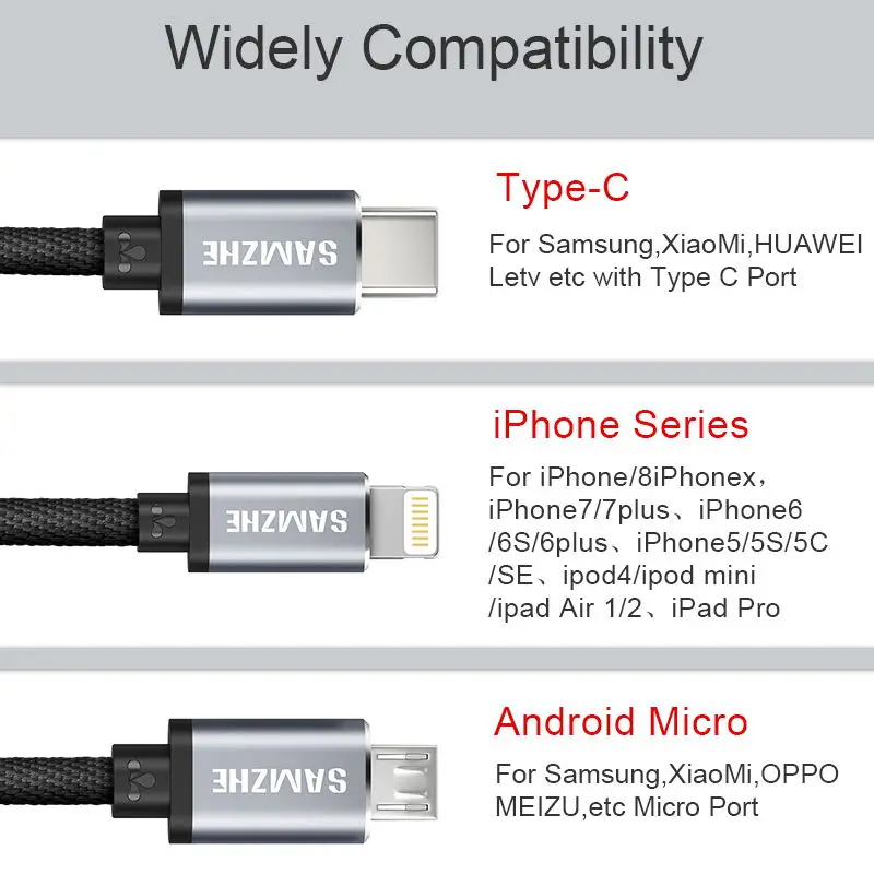 Телефонный кабель SAMZHE 3 в 1 Micro USB Type-C для iPhone 6 7 8 8s телефонов Samsung XiaoMi Huawei OPPO Android |