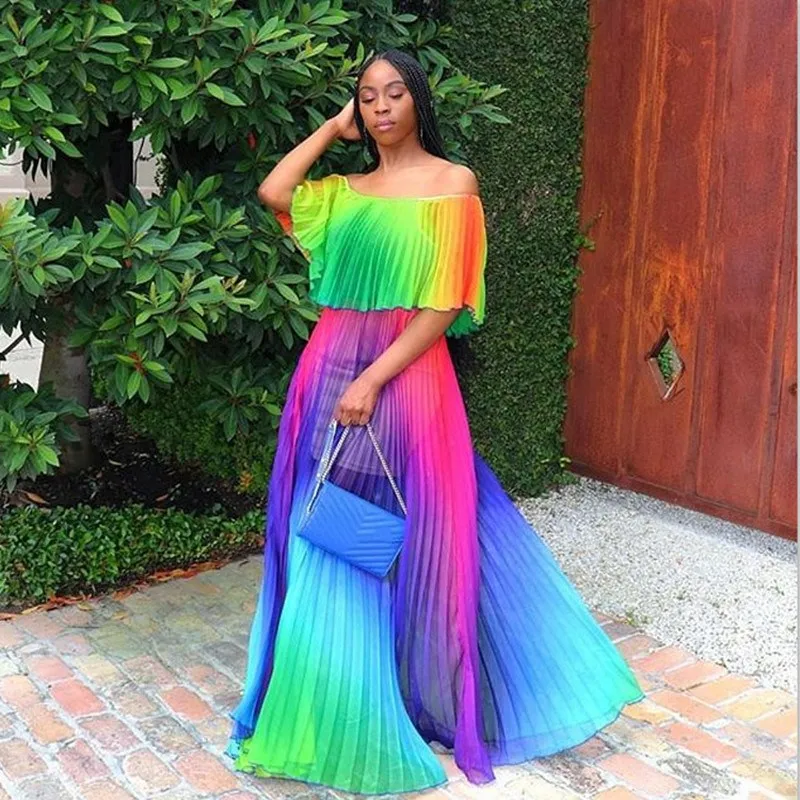 Летнее Радужное Плиссированное шифоновое макси платье для женщин с открытыми
