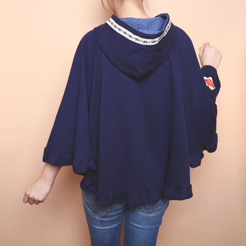 

Japanese Preppy cartoon cute Cloak letter cat doodle loose bat sleeved coat women Teenagers girls autumn tops