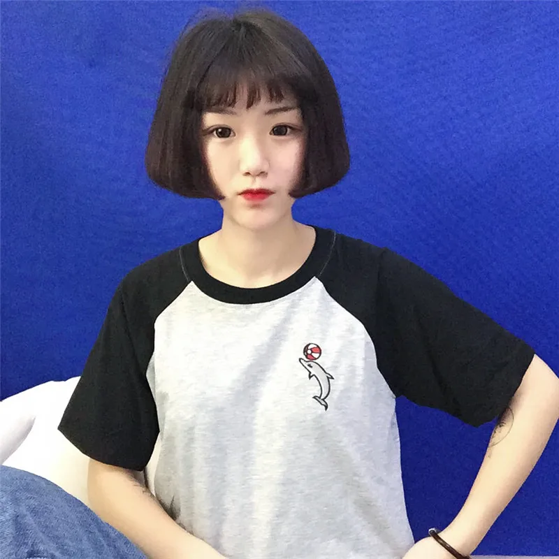 Женская Япония Ulzzang Harajuku вышивка футболка с дельфином Студенческая женский