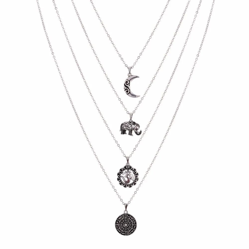 4 Pcs/Set Retro Moon Om Yoga Round Pendant Silver Color Necklace Female Bohemian Beach Party Ornaments Women Set | Украшения и
