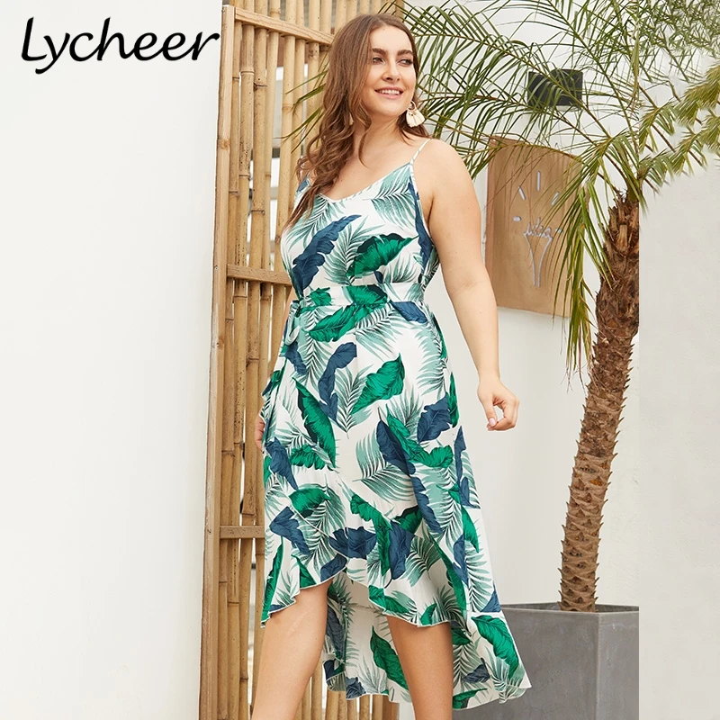 Lycheer плюс размеры элегантный лист печати зеленый для женщин большой платье