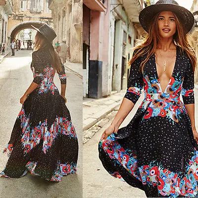 Повседневные женские платья с длинным рукавом Boho Maxi пляжные v-образным вырезом