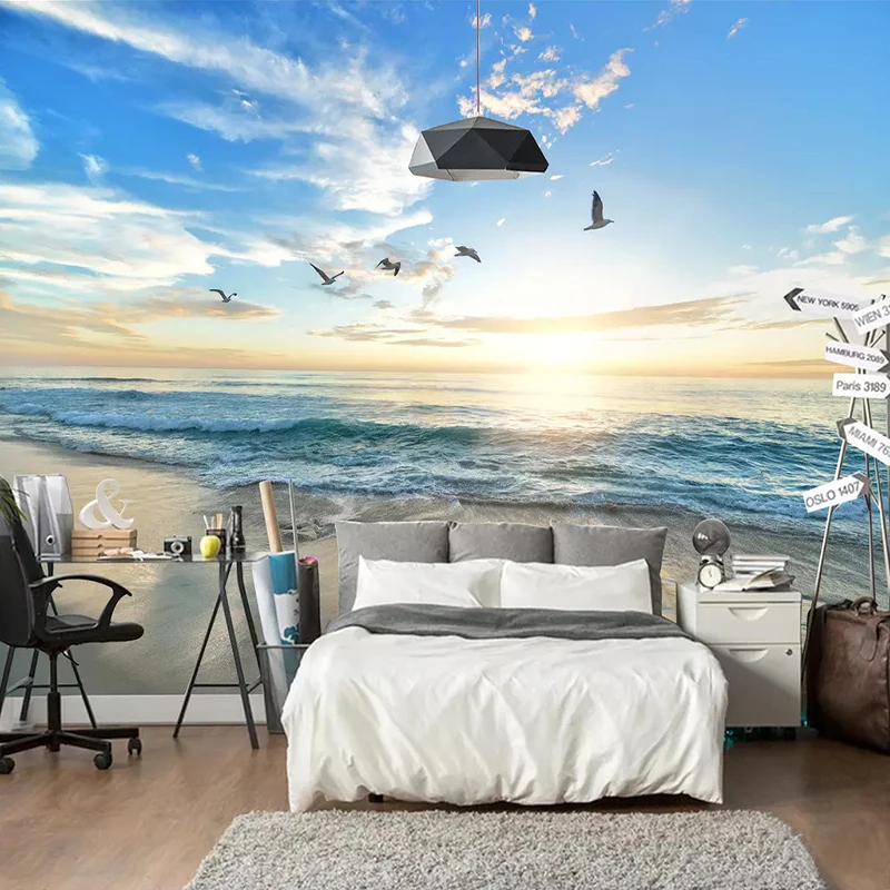 Пользовательские водонепроницаемые обои фрески 3D Чайка синее небо море песчаный