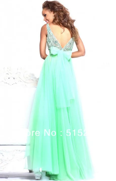 Elegant European Type Beading High Collar Bow Sashes Open Back Mint Green Chiffon Long Dress Evening Party Prom Gowns 2013 | Свадьбы и