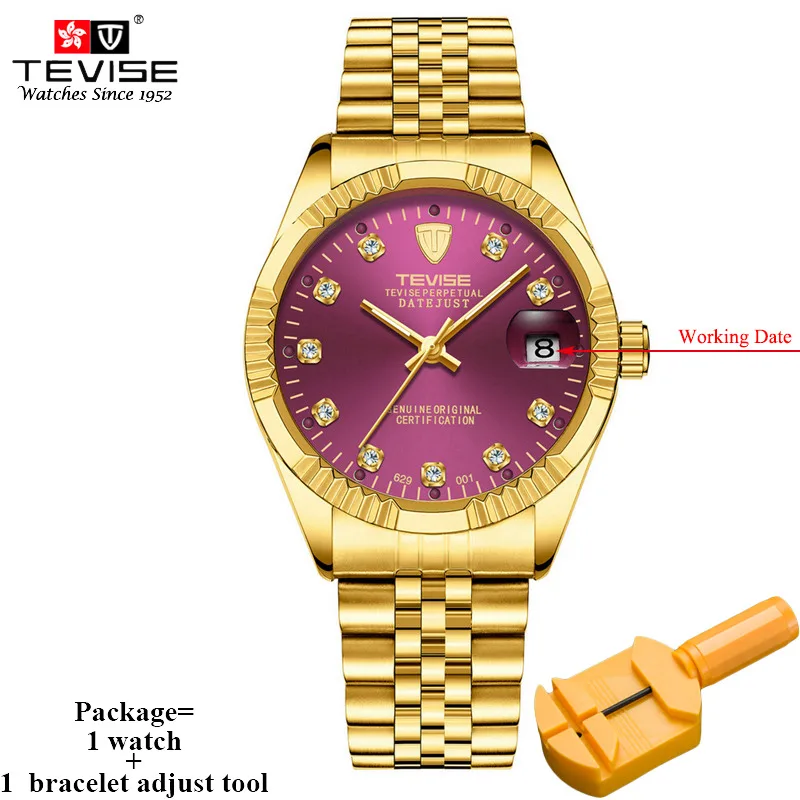 purple Tevise Роскошные Мужские автоматические часы, золотые часы из нержавеющей стали, мужские механические наручные часы с датой, Reloj Hombre 629 - Цвет: purple