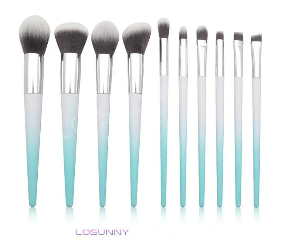 

LOSUNNY 10 Pcs Tapered Plastic Gradient Handle Makeup Brush Set Unicorn Spiral Handle Loose Powder Eye Makeup
