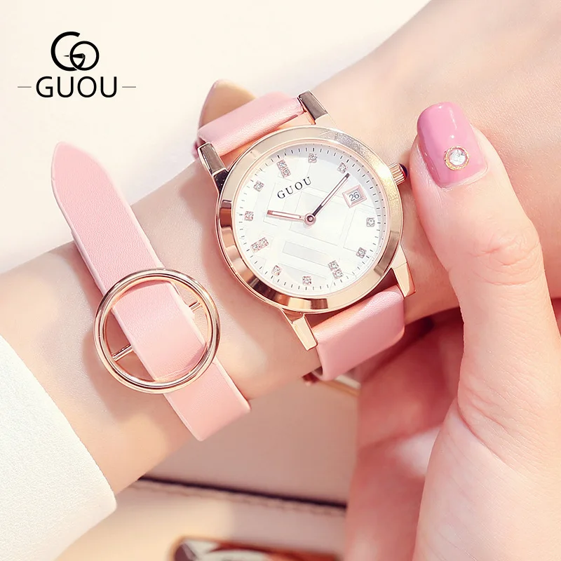 Модные Часы GUOU кварцевые часы с календарем платье из натуральной кожи со