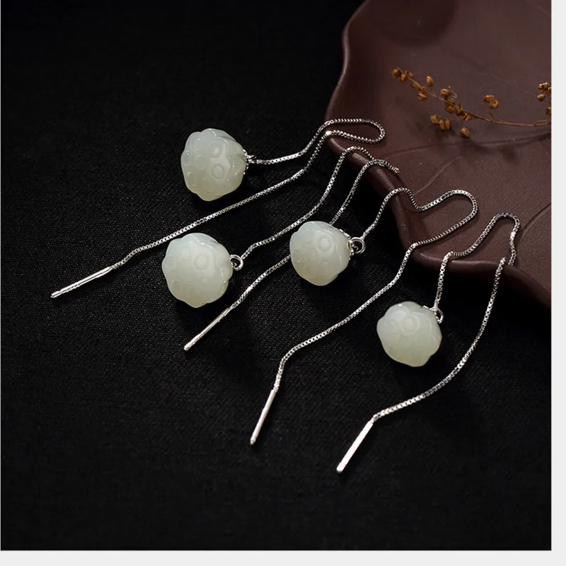 

Uglyless S 925 Sterling Silver Natural White Jade Lotus Dangle Earrings Fashion Long Ear Line Brincos Bijoux Women Fine Jewelry