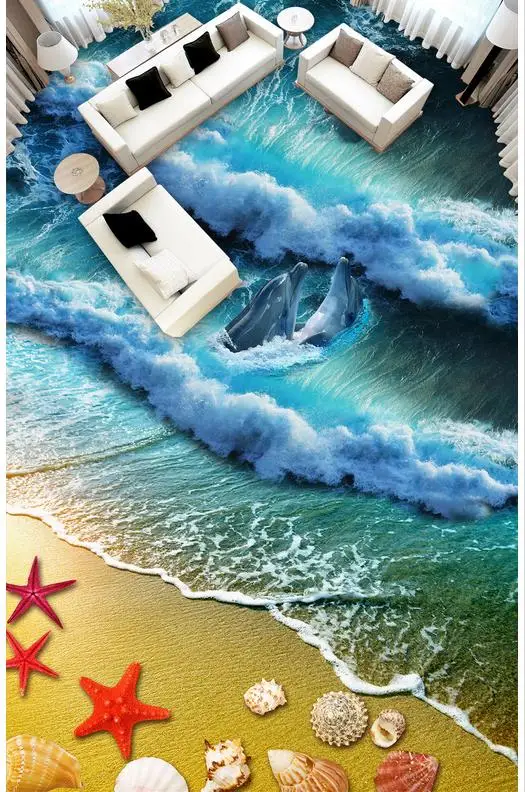 3d пол живопись обои пляж песок Морская звезда ракушки дельфины 3D Пол Живопись ПВХ