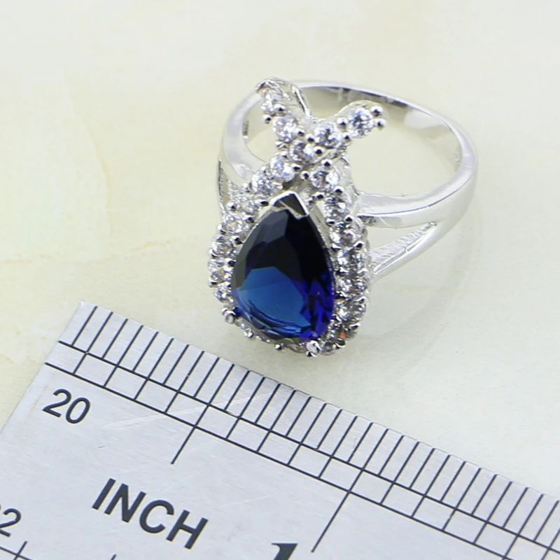 11.11 925 Sterling Silver Jewelry Blue Cubic Zirconia White CZ Sets For Women Wedding Earring/Pendant/Necklace/Ring | Украшения и