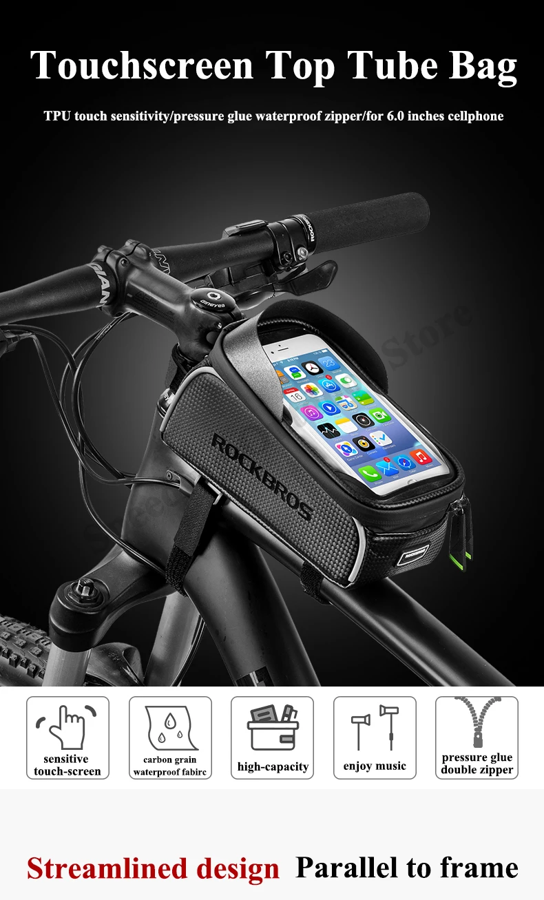 RockBros MTB дорожный велосипед сумка черная водонепроницаемая сумка для велосипеда 6,5 дюймов тачскрин Велоспорт передняя трубка сумка чехол для телефона Аксессуары для велосипеда
