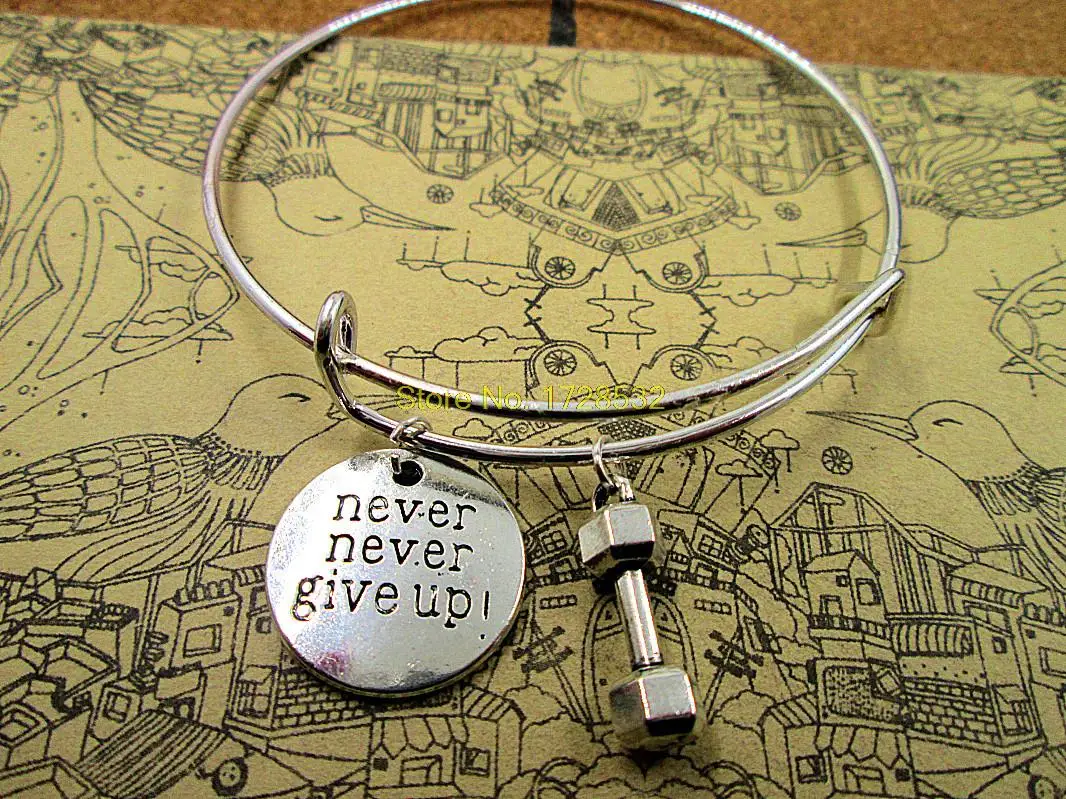 Hot sale diameter 65mm silver bracelets bangles never give up with dumbell kettlebell barbells jewelry for women | Украшения и