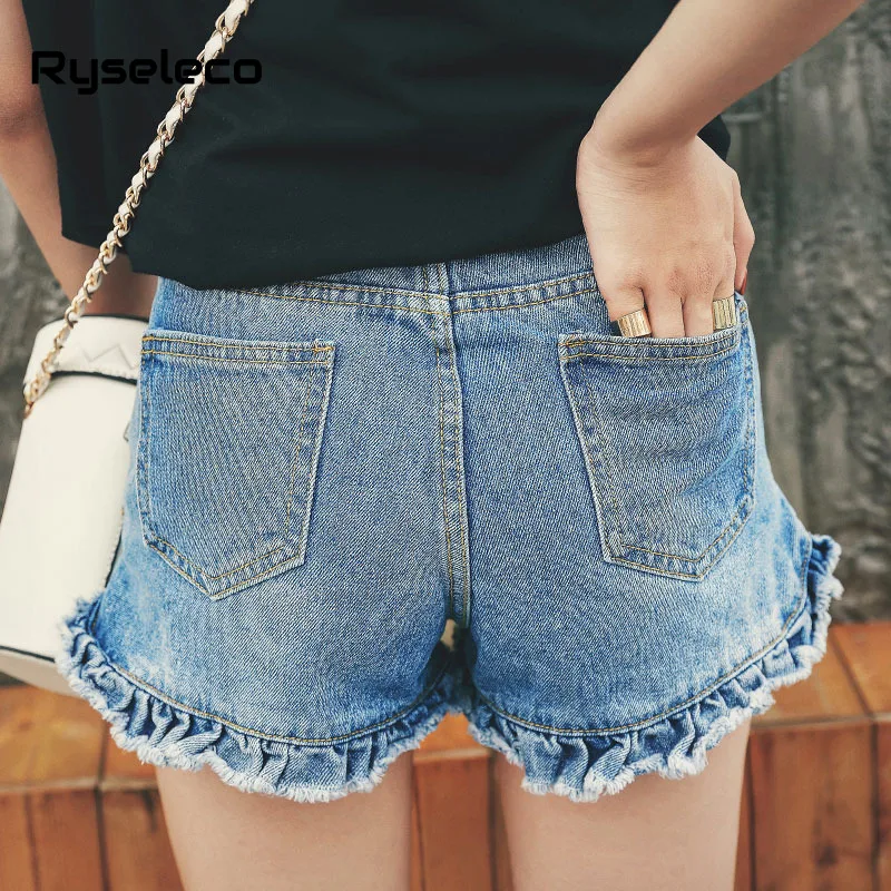 2018 Vintage Pleached Women Slim Classic Denim Shorts Summer Fashion Ruffles Patchwork High Waist Casual Basic Sexy Short Jeans | Женская