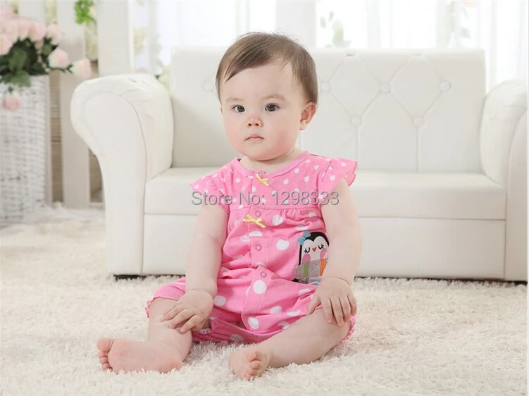 2014 boy girl O-neck strip summer open seat promper short animal cotton new born baby 0~2 years suit pink cartoon kids clothes | Детская
