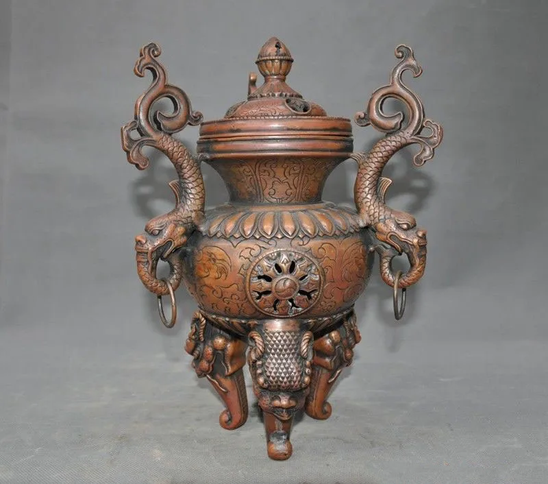 

Christmas 11" Ancient China dynasty bronze Dragon beast head statue Incense Burner censer New Year