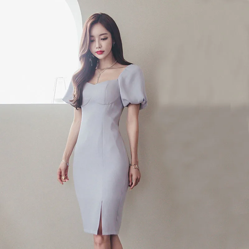 Summer Solid Bandage Bodycon Midi Pencil Dress Women Short Lantern Sleeve V Neck( Vintage Party Elegant Office Dresses | Женская одежда