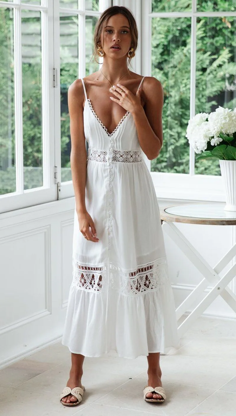 2019 Womens Elegant Wedding Party Sexy backless Criss Cross NightClub Halter v Neck Sleeveless Bodycon white Lace Dress | Женская одежда