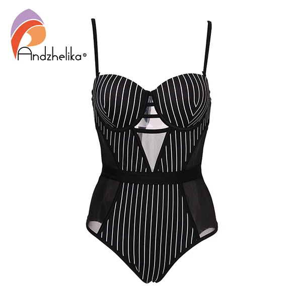 Black-1 Andzhelika Stripe One-piece Swimsuit New Sexy Mesh Swimwear Backless Bodysuits Summer Beach Bathing Suit Monokini AK75140 - Цвет: Black-1