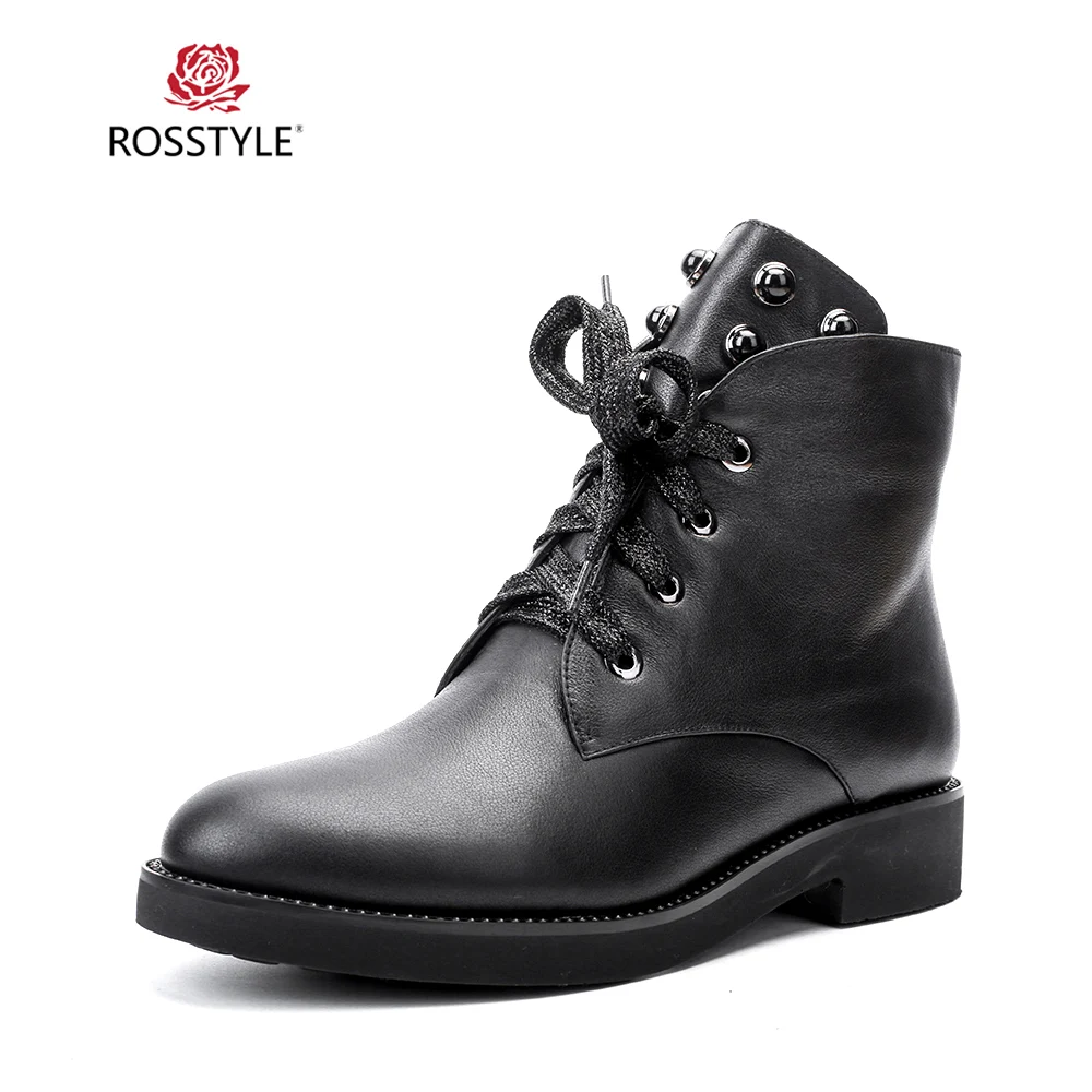 

ROSSTYLE High Quality Handmade Genuine Leather Simple Round Toe Boots Flat Lace-Up Snow Winter Sheepskin Leather Retro Shoes B90