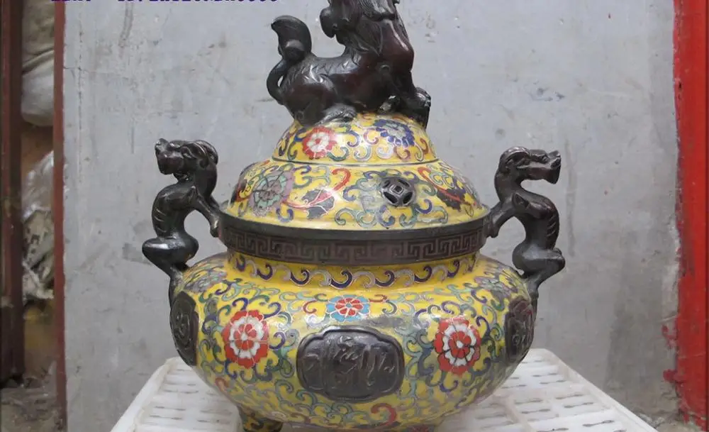 10 &quotКитай старинные бронзовый Перегородчатые foo собака Лев сю цю два дракона ухо