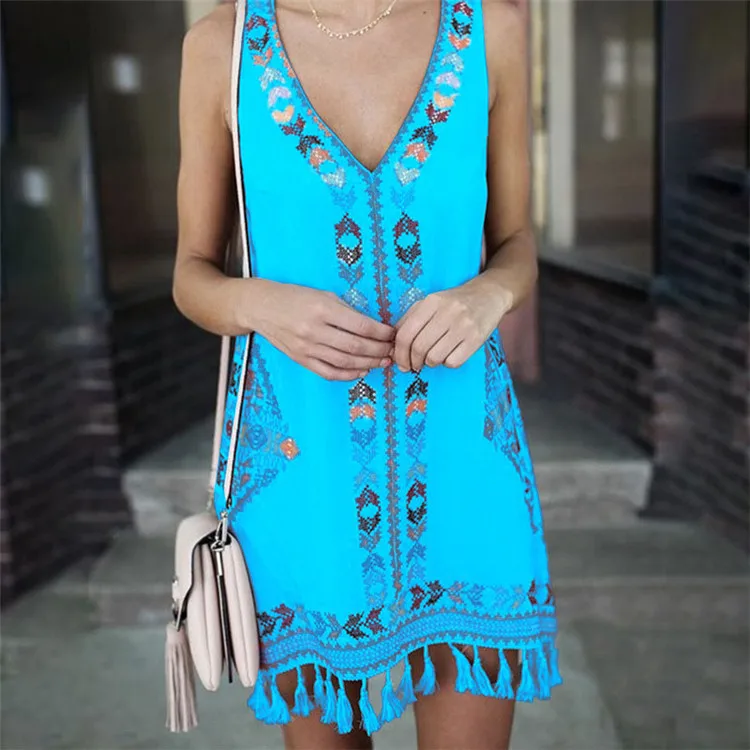 2019 new Women Smmer Mini Dresses Bohe V-neck Sleeveless Geometric Print With Tassel Ethnic Summer Beach Female vestidos verano | Женская