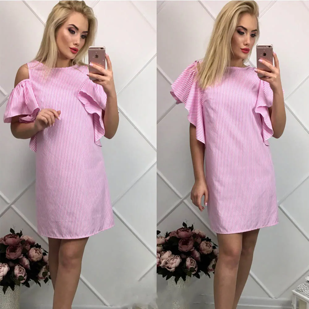 Для женщин выдалбливают воланами летняя Striped Cold Shoulder платье с рюшами Платье