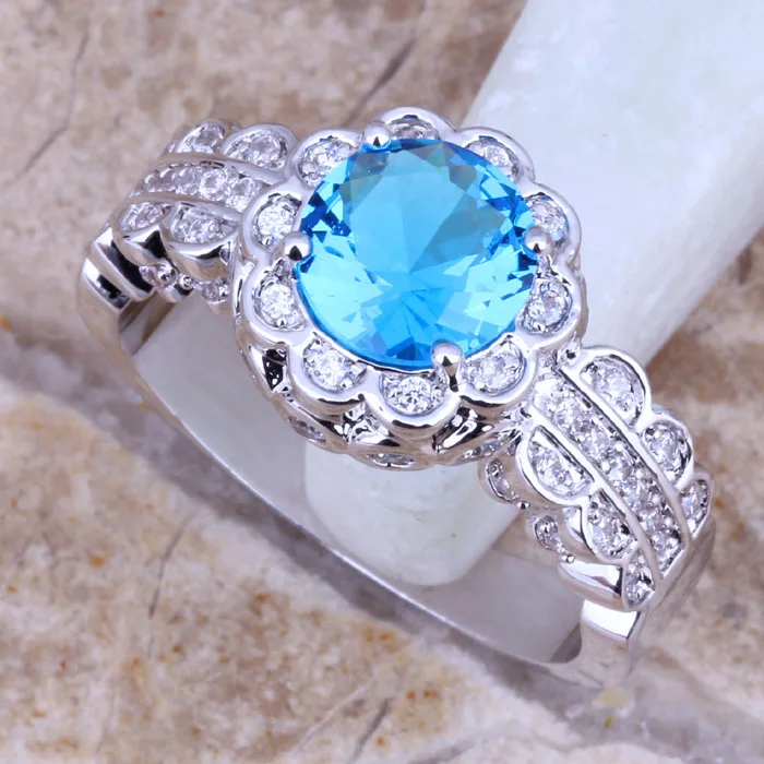 Кольцо с синим фианитом белое CZ посеребренное Размер 6/7/8/9 E413|ring size|women ringsring size 6 |