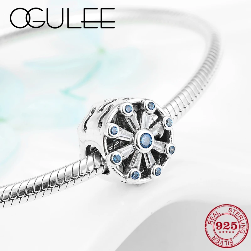 New Real 925 Sterling Silver hollow Blue CZ snowflake Fine Crysta beads for Jewelry making Fit Original European Charm Bracelet | Украшения