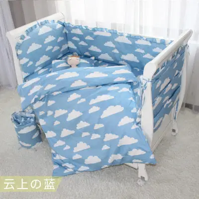 

9PCS Blue Cloud Appliqued Baby Cot Crib Bedding set for girl and boys cosas para bebe ,4bumper/sheet/pillow/duvet