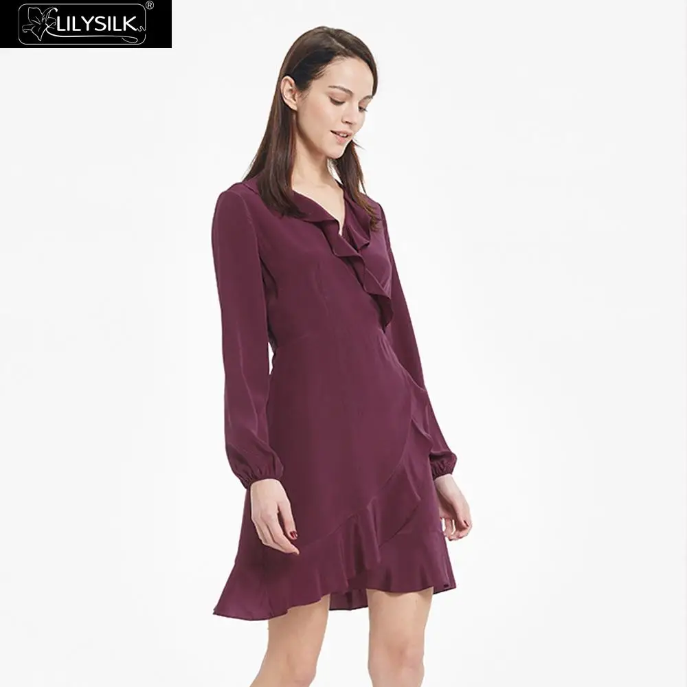 Dark Burgundy LilySilk/шикарное шелковое платье с оборками и шелковым галстуком для девушек; Новинка; - Цвет: Dark Burgundy