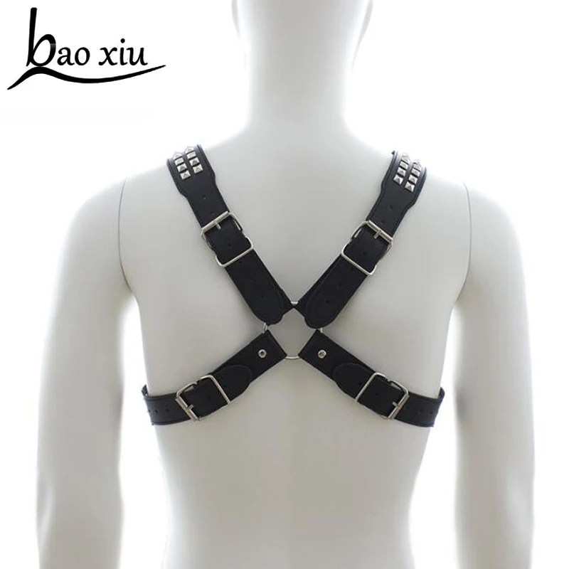 

Sexy Black Leather Mens Chest Arm Bondage Harness Adjustable Rivet PU Restraint Gay Male Bodysuit Sexy High Quality accessories