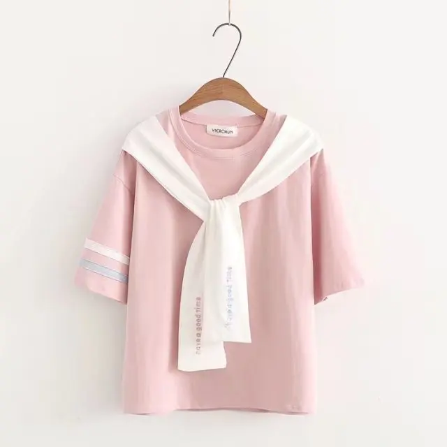 Розовый Merry Pretty sailor, женская футболка, новинка, летняя, Япония, стиль, вышивка, короткий рукав, галстук, галстук, воротник-бабочка, хлопок, кроп-топы - Цвет: Розовый