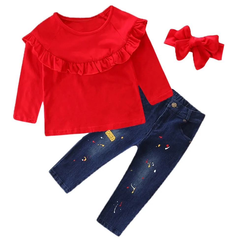 3PC Toddler Baby Girls Solid Tops Print Jeans Denim Pants Clothes beautiful Outfits Great for casual Set clothes | Детская одежда и