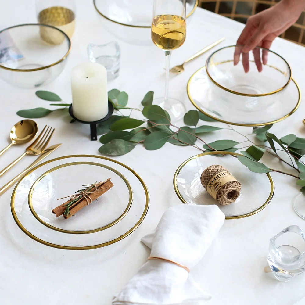 

Japanese Gold trimming gold edge bowl glass bowl dishsteak dish, heat-resistant glass bowl plate