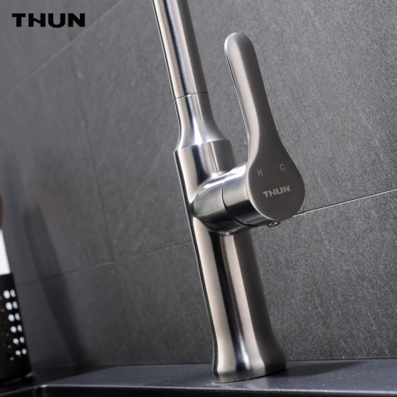 THUN Pull Down Stainless Steel Kitchen Faucet Black White Finish Dual Sprayer Nozzle Hot Cold Water Sink Mixer Torneira Cozinha |